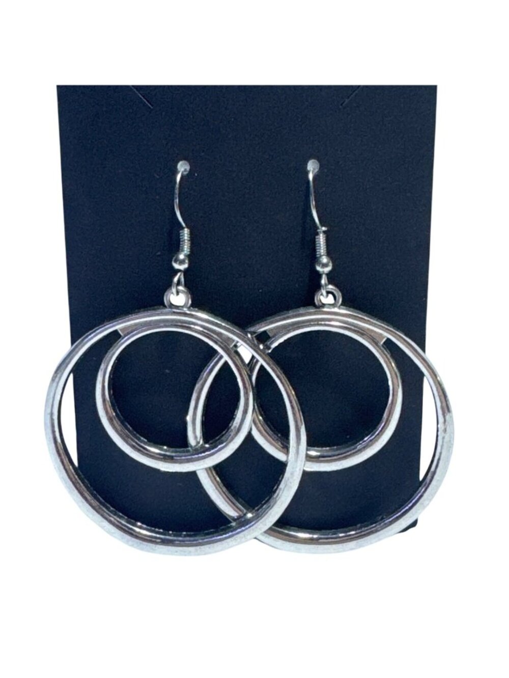 Silver Tone Double Circle Hoop Dangle Earrings Geometric Mod Statement Drop